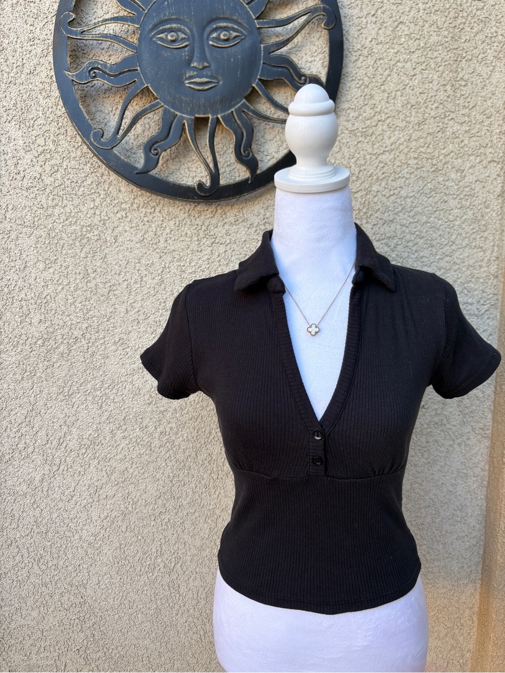 Black Collared Ribbed Button Up Short Sleeve Top